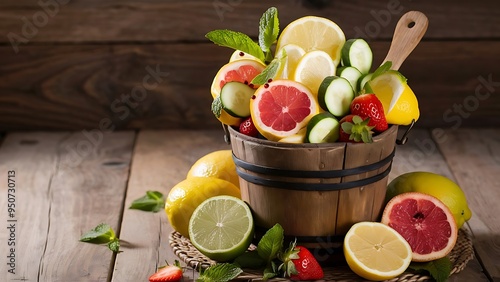 Lemonades with lemons, cucumbers, limes, grapefruits, strawberries, mint leaves and garnet seeds served on wooden table.