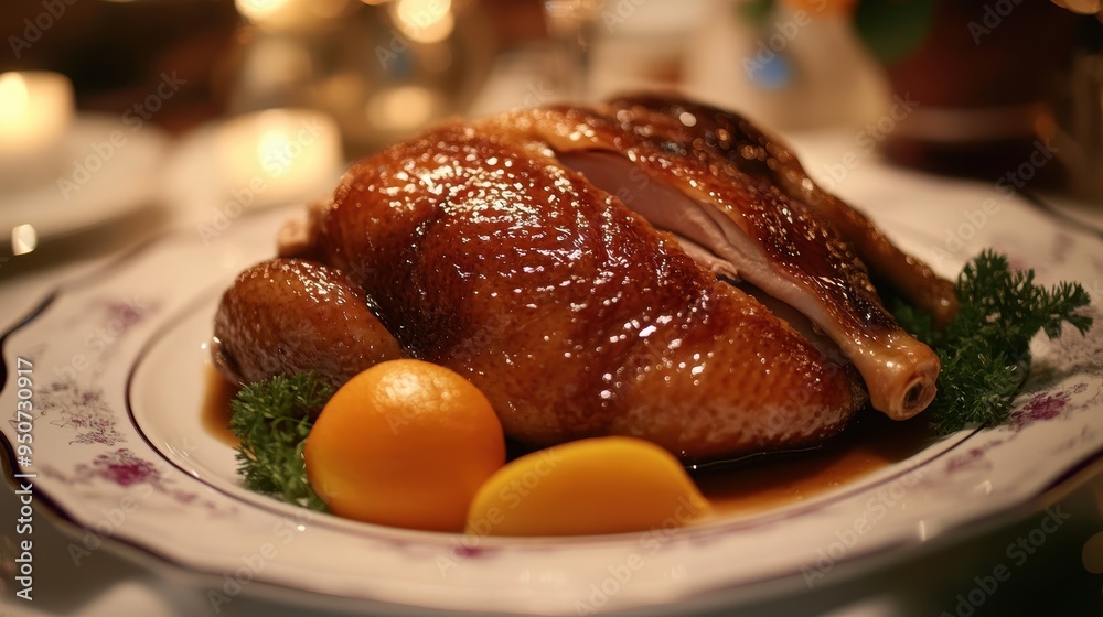 Delicious Roasted Turkey with Garnish on Elegant Plate Delicious Roasted Turkey with Garnish on Elegant Plate