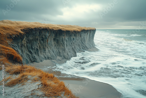 A coastal cliff eroding into the sea, showing the effects of increased coastal erosion and rising tides. Concept of shoreline retreat and erosion. photo