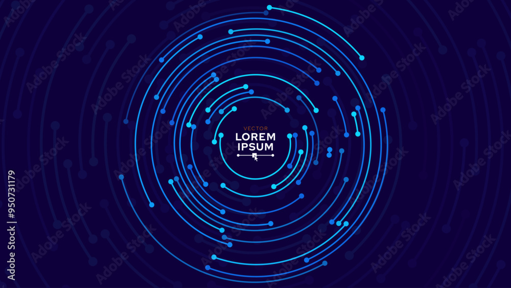 Concentric Circles Digital Tech Circuit Pattern. Technology Background of Circular Lines and Dot Connections. Abstract Circle Big Data Transmission Internet Network. Vector Illustration.
