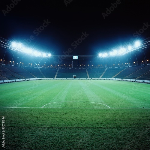 Illuminated Night View of Empty Stadium with Glowing Green Grass