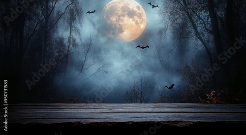 Old wood table and silhouette dead tree at night for Halloween background.
