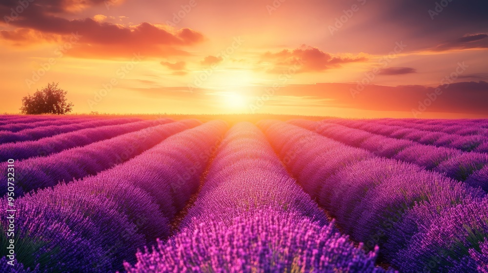 Sunset over a peaceful lavender field with golden light Sunset over a peaceful lavender field with golden light