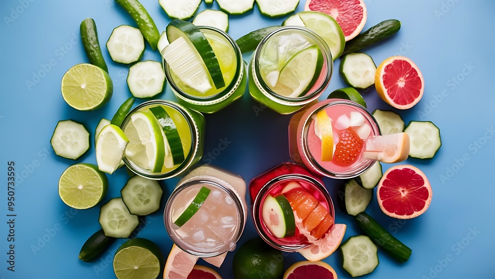 Fresh detox drinks in jars near limes, cucumber and grapefruit isolated on blue Fresh detox drinks in jars near limes, cucumber and grapefruit isolated on blue