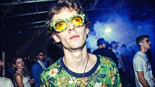  Dazed raver in psychedelic glasses at underground warehouse party