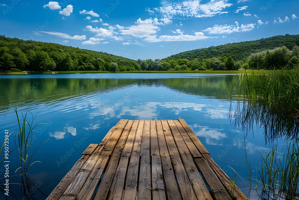 Obraz premium Serene Lakeside View with a Wooden Dock Under a Bright Blue Sky