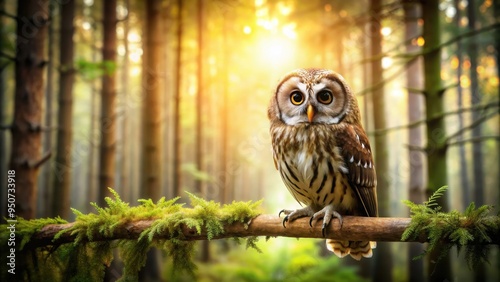 Happy owl sitting on a branch in a forest , happiness, owl, bird, wildlife, nature, joyful, cute, feathered, woodland