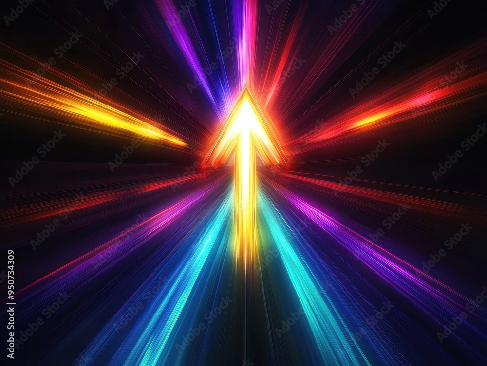 Illuminated Multicolored Arrow Pointing Towards Focus on Abstract Dark Background Illuminated Multicolored Arrow Pointing Towards Focus on Abstract Dark Background