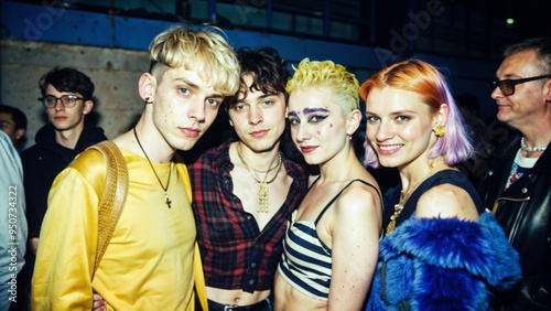 Shy non-binary ravers in intimate close-up sharing moment at dimly lit warehouse party