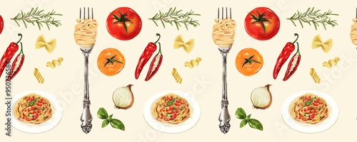 pasta with tomato and basil Illustration pasta set cooking restaurant Spaghetti, seamless fabric pattern