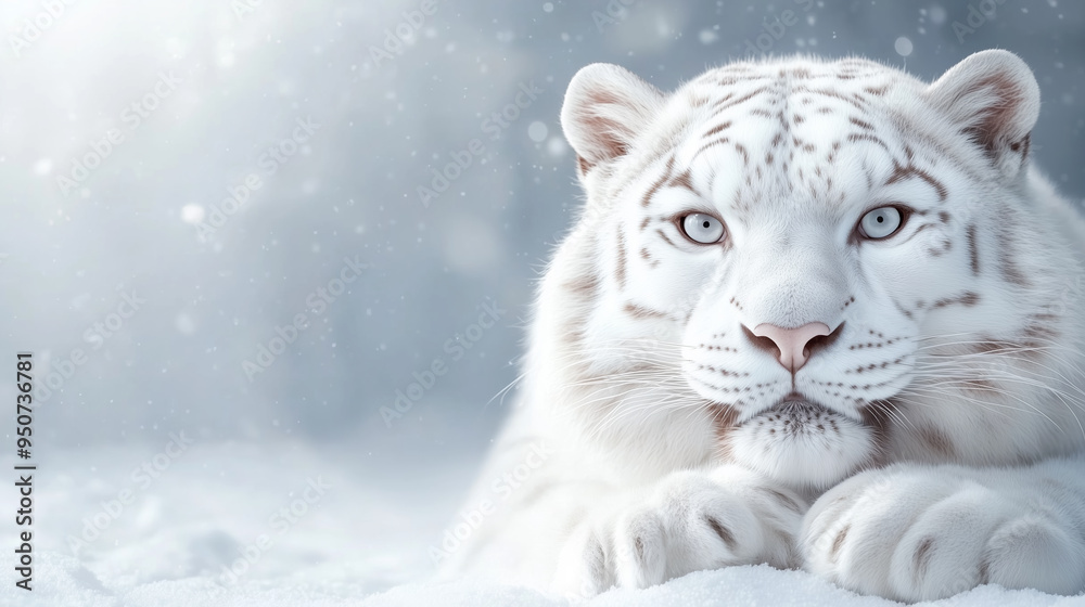 Obraz premium Majestic white tiger resting in snowy landscape during winter
