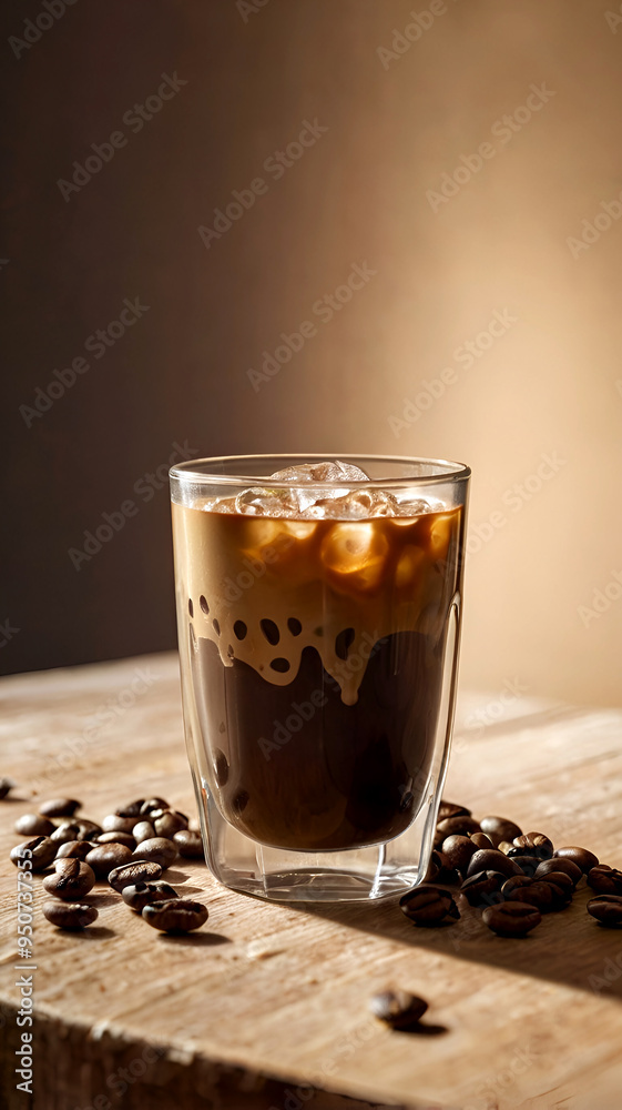 A cool iced coffee cup sits on a warm wooden table surrounded by a few coffee beans and a sugar cube against a soft, creamy background that evokes the feeling of the morning sun.