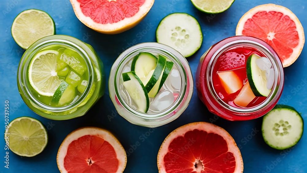 Fresh detox drinks in jars near limes, cucumber and grapefruit isolated on blue Fresh detox drinks in jars near limes, cucumber and grapefruit isolated on blue