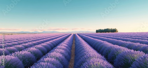 large field of lavender, rows upon rows stretching to the horizon under a clear blue sky with a few scattered clouds photo