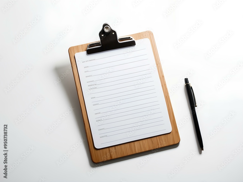 wooden clipboard with a blank sheet of paper and a pen resting on a clean, minimalist workspace for productivity