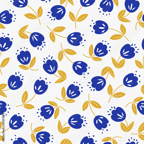 Vector Simple floral seamless pattern. Vintage print with hand drawn blue flowers, leaves on a white background. Retro design for wallpaper, textile, fabric, wrapping paper, cover, card, poster