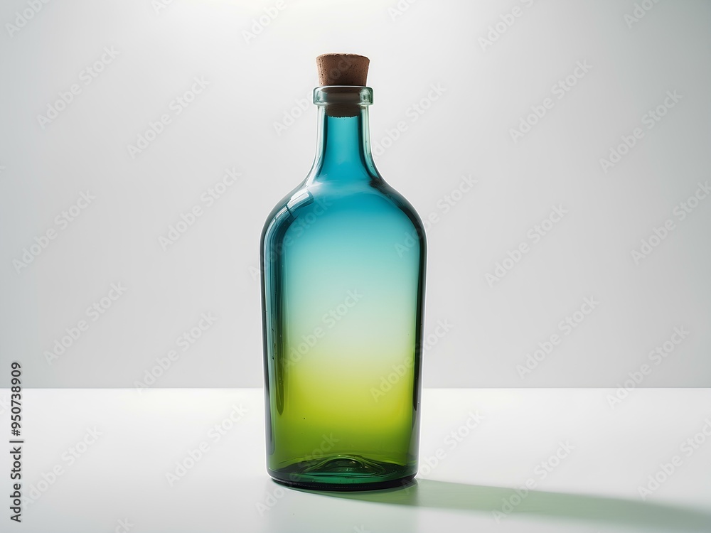 colorful glass bottle with gradient shades of blue and green placed on a clean surface, creating a minimalist aesthetic colorful glass bottle with gradient shades of blue and green placed on a clean surface, creating a minimalist aesthetic