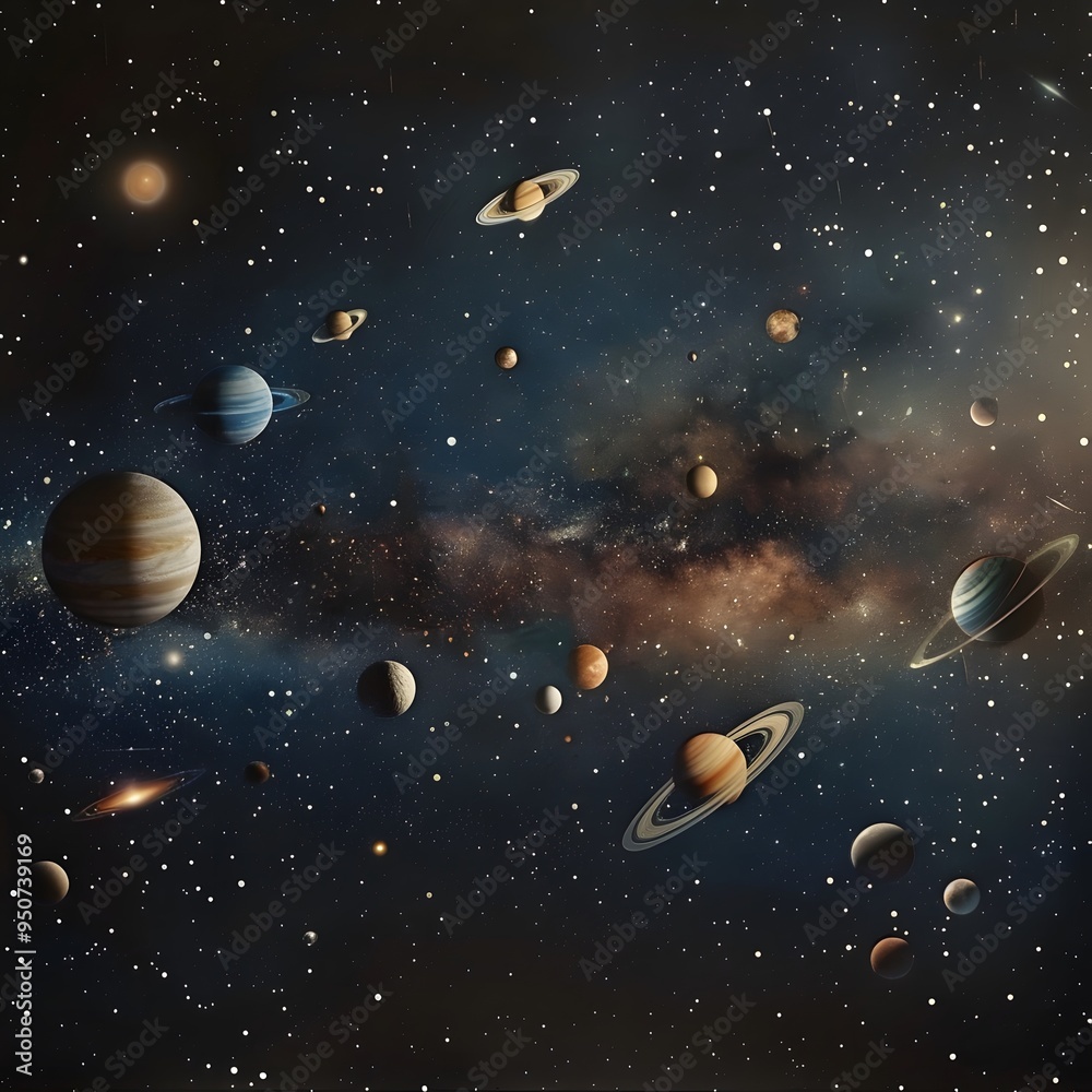 A Stunning Cosmic Landscape Featuring Diverse Planets in a Starry Universe A Stunning Cosmic Landscape Featuring Diverse Planets in a Starry Universe