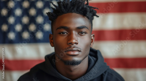 Young black male US American election voter portrait in front of American flag. American patriot vote for new president. Copy space.