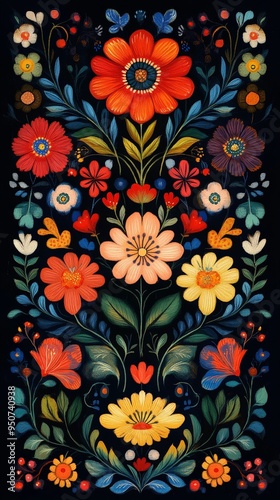 Intricate Norwegian Rosemaling Floral Design on Dark Background