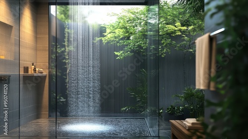 Serene Outdoor Shower: Nature's Embrace in a Modern Oasis photo