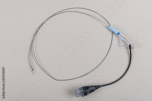 PTCA guide wires. Stent and catheter for implantation into blood vessels with an empty and filled balloon. Pulmonary artery catheter used during cardiac catheterization. photo