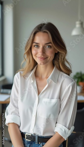 Free Download A confident office manager wearing a white shirt stands in a modern workspace, showcasing professionalism approachability during a busy day at work. Banking, insurance, consulting staff. Generative AI - GFXLoad