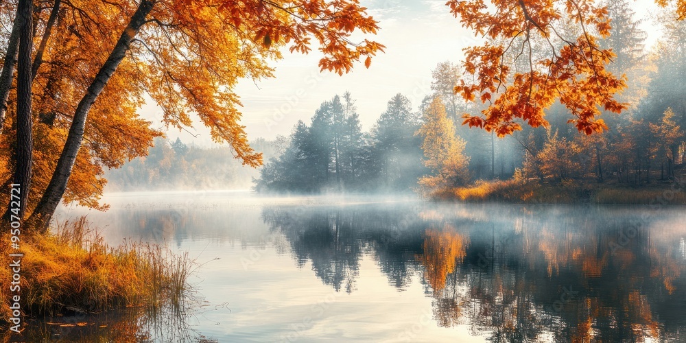 Misty Autumn Morning by a Calm Lake Surrounded by Colorful Trees Misty Autumn Morning by a Calm Lake Surrounded by Colorful Trees
