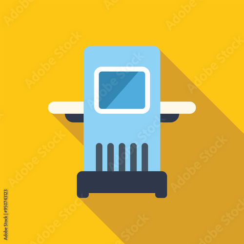 Blue mri scanner standing on yellow background representing medical imaging equipment