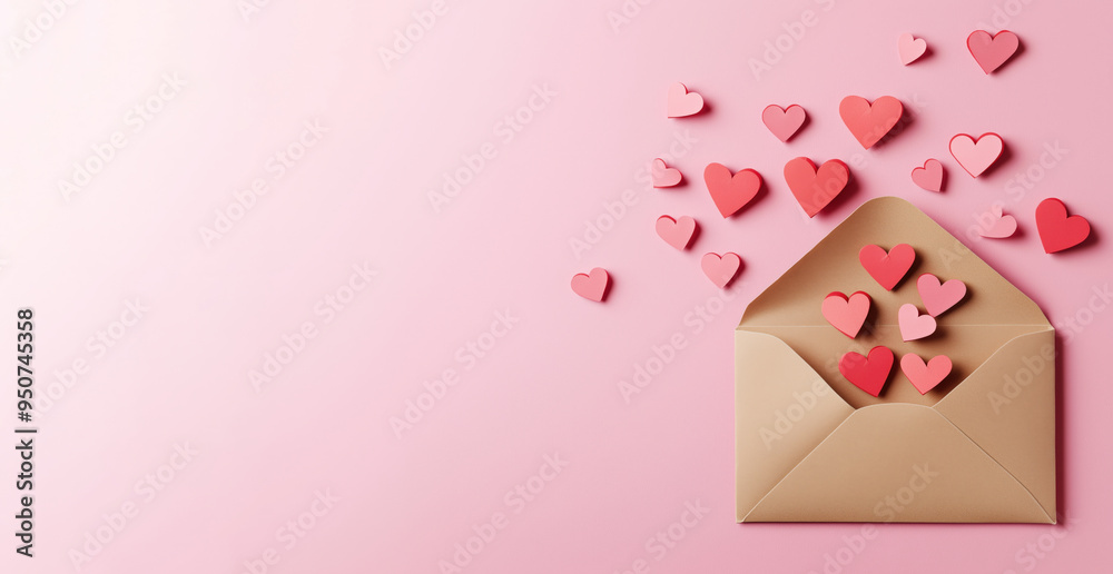 A Brown Envelope with light pink and red hearts flying out of it for valentines day on a light pink background. A Brown Envelope with light pink and red hearts flying out of it for valentines day on a light pink background.