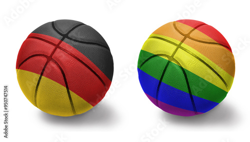 basketball balls with the national flag of germany and rainbow gay pride on the white background. photo