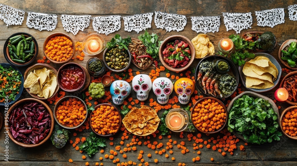 Colorful Day of the Dead Altar with Traditional Mexican Food, Sugar Skulls, Marigolds, and Papel Picado Decorations on Wooden Table Colorful Day of the Dead Altar with Traditional Mexican Food, Sugar Skulls, Marigolds, and Papel Picado Decorations on Wooden Table