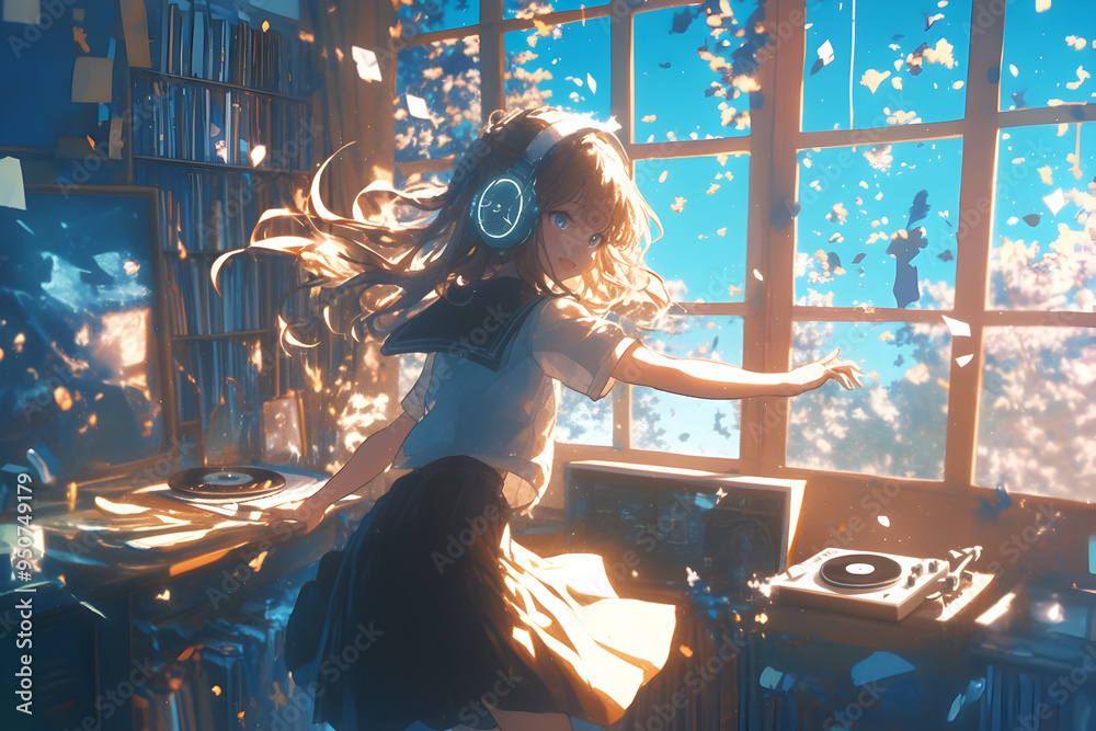 LoFi Girl dancing in her room with fairy lights and a record player. Anime style, Cozy vibes