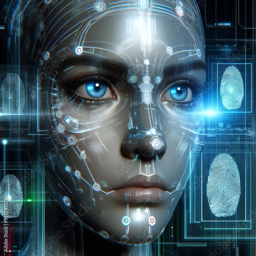 Rosto Futurista com Hologramas e Impressões Digitais