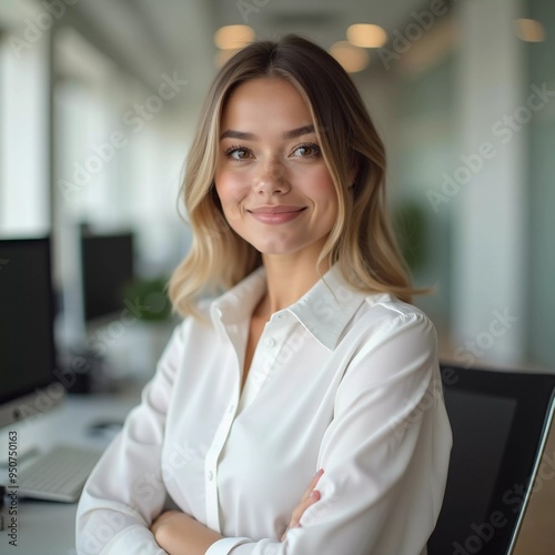 Free Download A confident office manager wearing a white shirt stands in a modern workspace, showcasing professionalism approachability during a busy day at work. Banking, insurance, consulting staff. Generative AI - GFXLoad