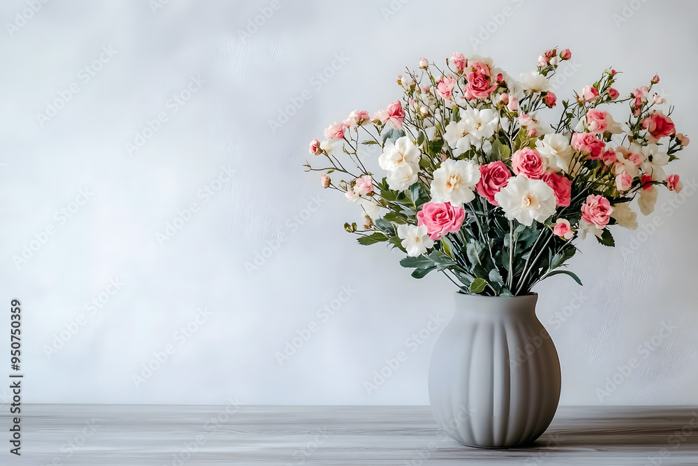 On a neutral background, a beautiful bouquet of flowers is displayed in a gray vase. It makes a great gift idea for Mother's Days or Father's Days. On a neutral background, a beautiful bouquet of flowers is displayed in a gray vase. It makes a great gift idea for Mother's Days or Father's Days.