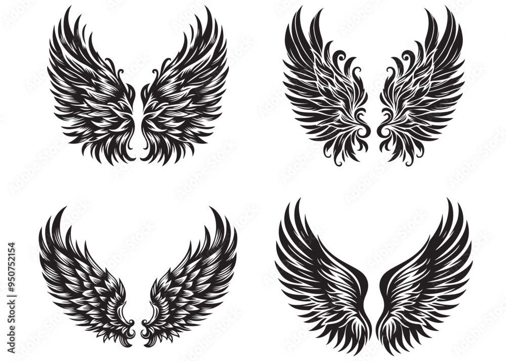 Obraz premium vector silhouette angel wings, angel wings logo design vector illustration, Bird wings vector illustration, black and white angel wings Silhouette, wings icons set, wing logo