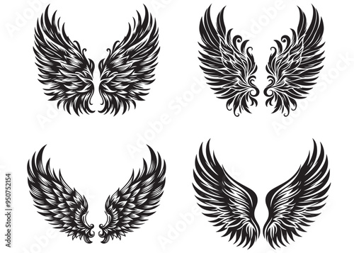  vector silhouette angel wings, angel wings logo design vector illustration, Bird wings vector illustration, black and white angel wings Silhouette, wings icons set, wing logo