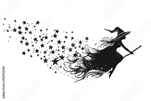 Silhouette of a witch flying on broomstick with trail of stars white background