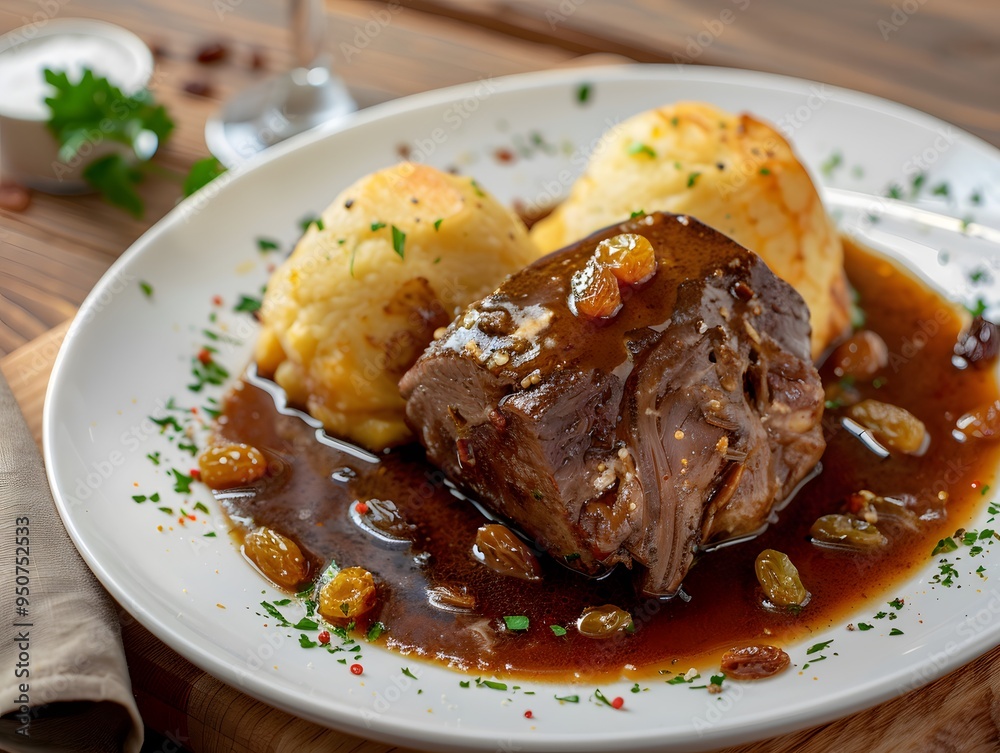 Rhenish Sauerbraten with raisins and potato dumplings Rhenish Sauerbraten with raisins and potato dumplings