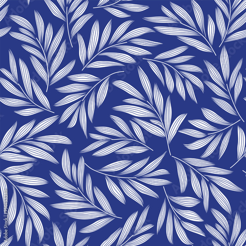 Seamless abstract floral background with leaves. Blue background  and white leaves. Vector illustration pattern.