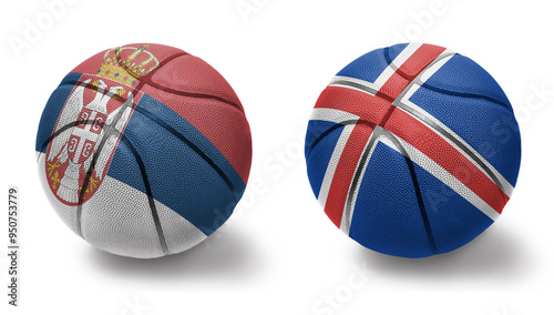 basketball balls with the national flags of iceland and serbia on the white background. photo