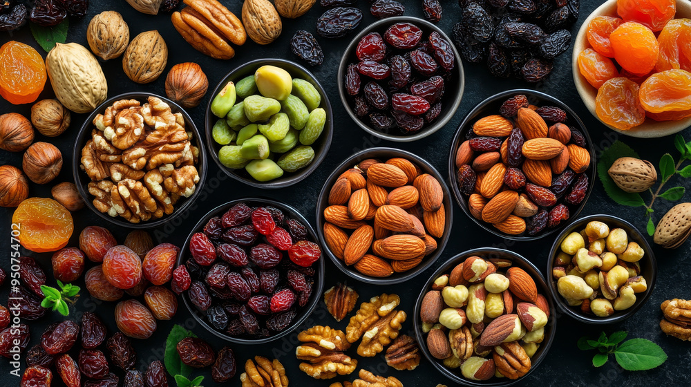 A top-view photo of a mix of nuts and dried fruits creates a vibrant and textured food background, perfect for highlighting the variety and natural appeal of these ingredients.
A top-view photo of a mix of nuts and dried fruits creates a vibrant and textured food background, perfect for highlighting the variety and natural appeal of these ingredients.