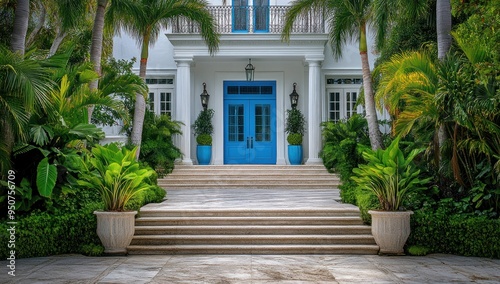 A blue front door of an elegant mansion surrounded by lush greenery and palm trees photo