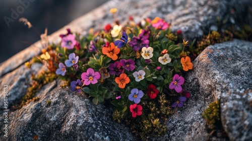 Close-up of a small array of flowers nestled in a crevice in the stone. Colorful flowers among weathered stones in the sun. photo