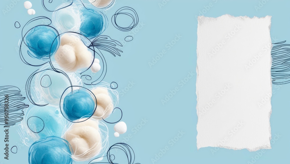 Abstract blue and white bubbles with doodles on a pastel blue background adjacent to a blank white paper texture Abstract blue and white bubbles with doodles on a pastel blue background adjacent to a blank white paper texture