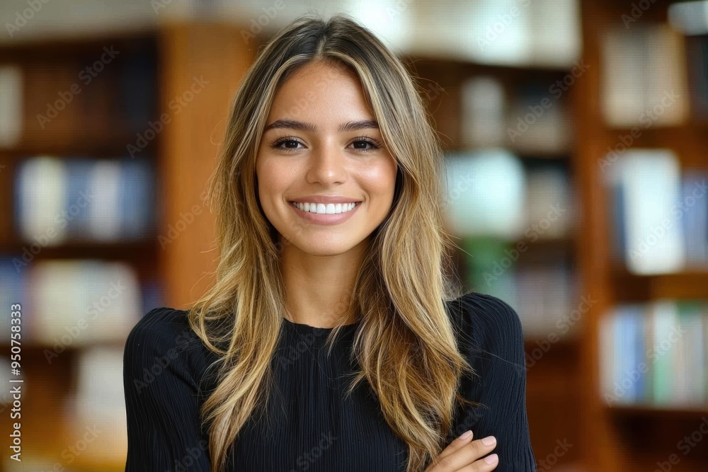 Smiling Young Woman in Library Setting Smiling Young Woman in Library Setting