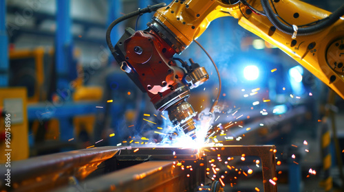 Industrial robotic arm performing automated welding in factory, emitting bright sparks and vibrant lighting, advanced manufacturing technology applications.