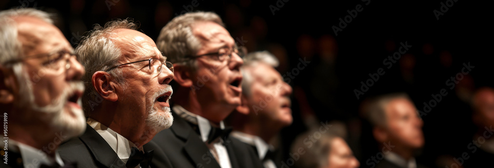Obraz premium Group of elderly men performing in choir, dressed in formal black tuxedos with bow ties, captured in passionately expressive moment during concert.