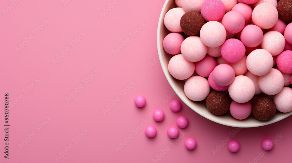 Round Pink Chocolate Candy in a Bowl on Pink. Copy Space Round Pink Chocolate Candy in a Bowl on Pink. Copy Space